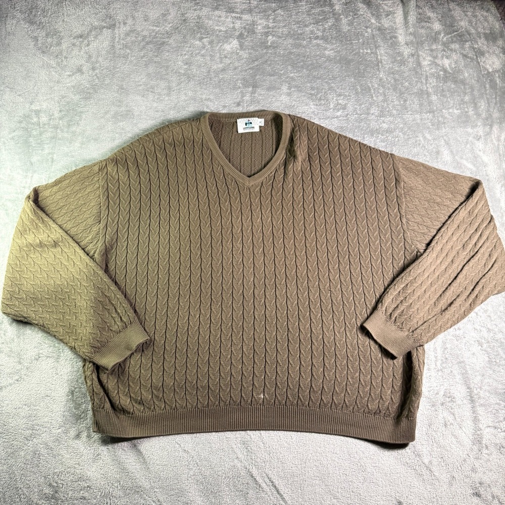 VTG Outdoor World Golf Cable Knit V-Neck Sweater Mens XL Brown USA Made Cotton